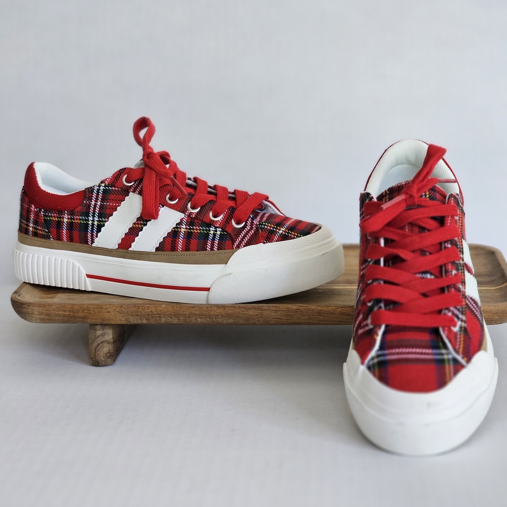 Hey Girl By Corky Red Plaid Low-Top Sneakers with White Stripes